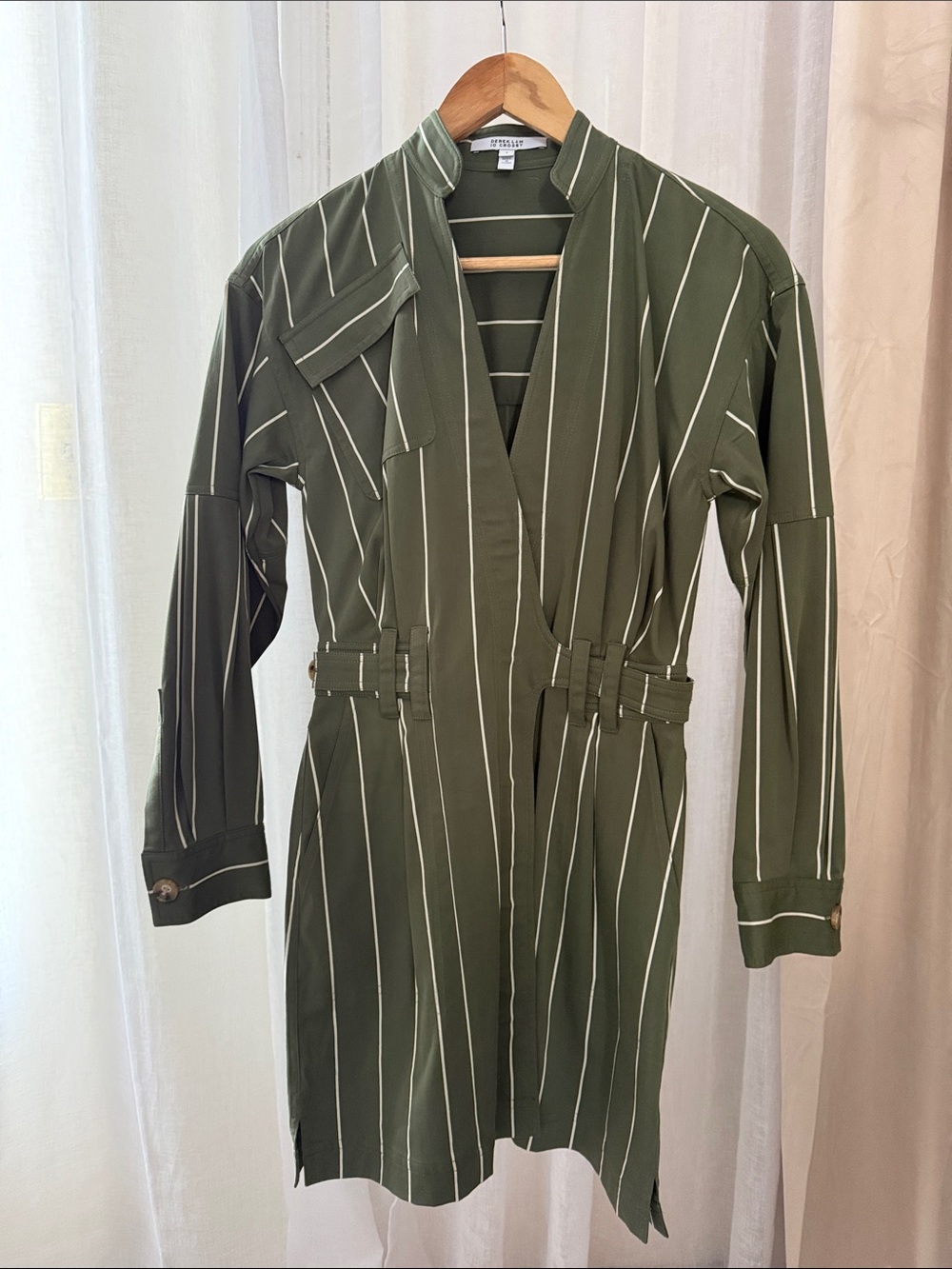 10 Crosby Derek Lam Olive Green Vertical Stripe Long Sleeve Dress
